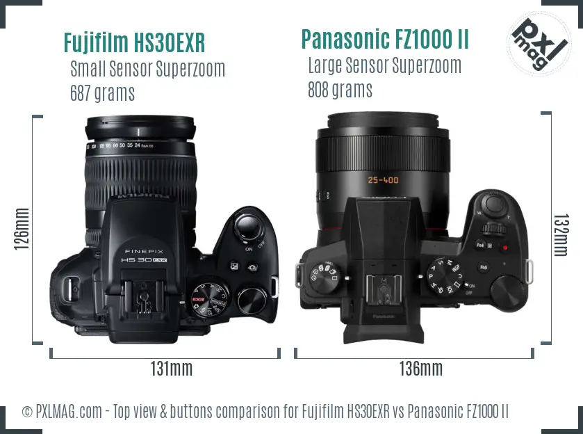 Fujifilm HS30EXR vs Panasonic FZ1000 II top view buttons comparison