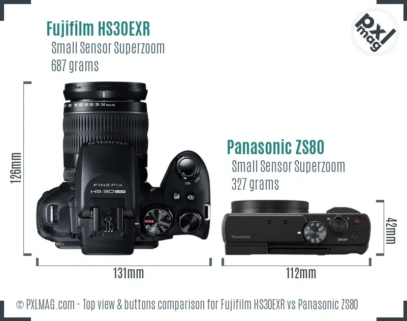 Fujifilm HS30EXR vs Panasonic ZS80 top view buttons comparison