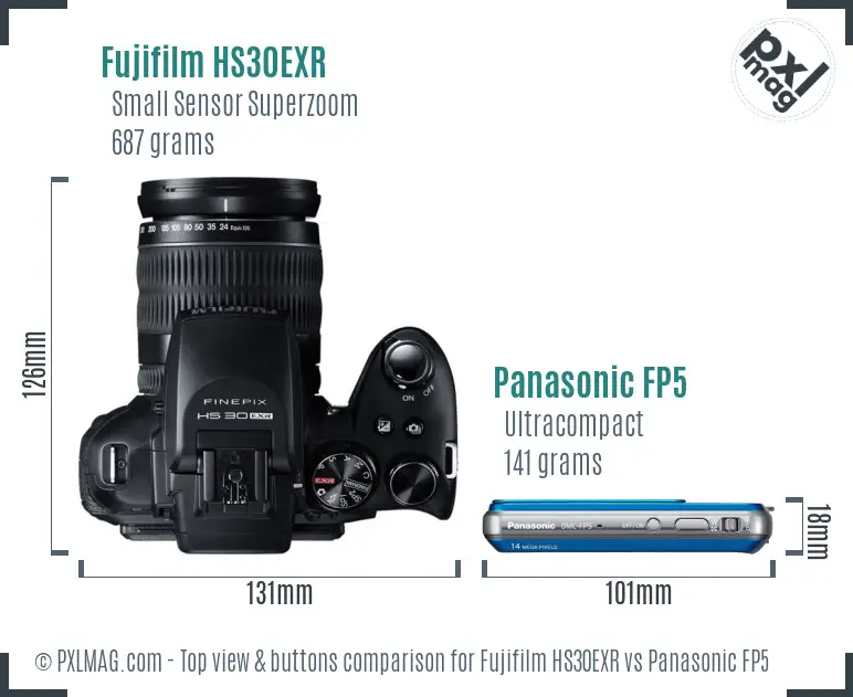 Fujifilm HS30EXR vs Panasonic FP5 top view buttons comparison