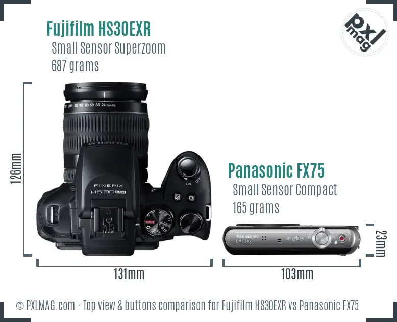 Fujifilm HS30EXR vs Panasonic FX75 top view buttons comparison