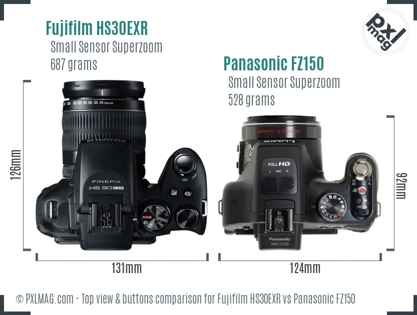 Fujifilm HS30EXR vs Panasonic FZ150 top view buttons comparison