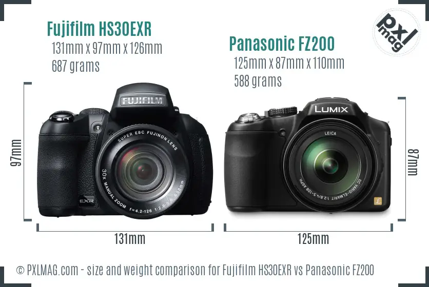 Fujifilm HS30EXR vs Panasonic FZ200 size comparison