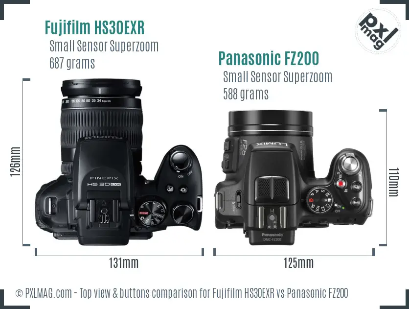 Fujifilm HS30EXR vs Panasonic FZ200 top view buttons comparison