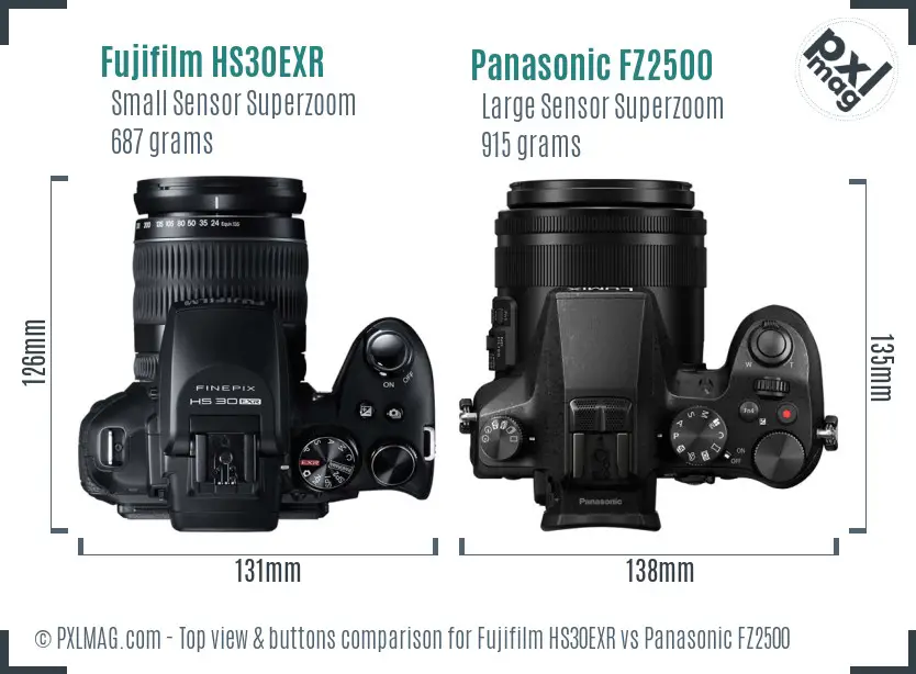 Fujifilm HS30EXR vs Panasonic FZ2500 top view buttons comparison