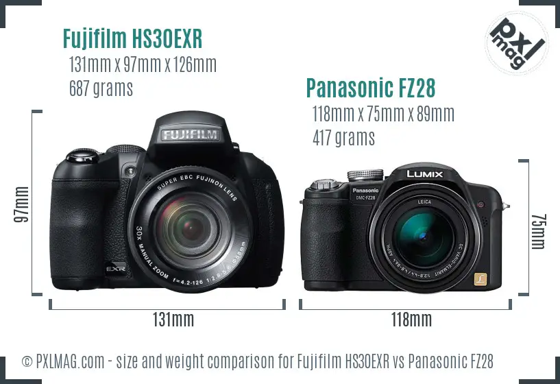 Fujifilm HS30EXR vs Panasonic FZ28 size comparison Fujifilm HS30EXR vs Panasonic FZ28 size comparison