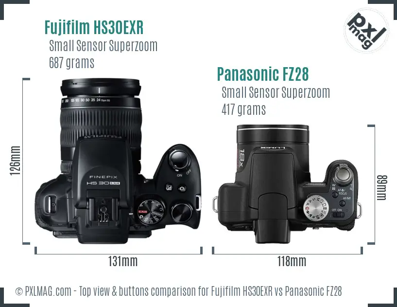 Fujifilm HS30EXR vs Panasonic FZ28 top view buttons comparison Fujifilm HS30EXR vs Panasonic FZ28 top view buttons comparison