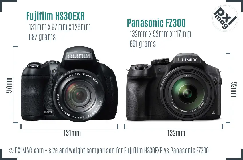 Fujifilm HS30EXR vs Panasonic FZ300 size comparison