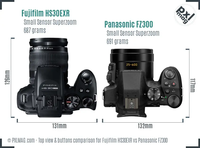 Fujifilm HS30EXR vs Panasonic FZ300 top view buttons comparison