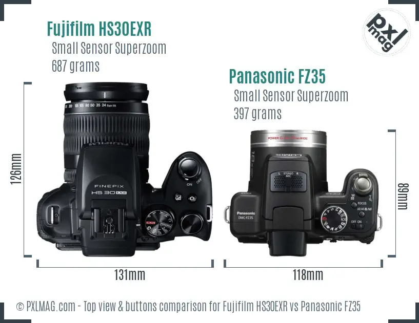 Fujifilm HS30EXR vs Panasonic FZ35 top view buttons comparison