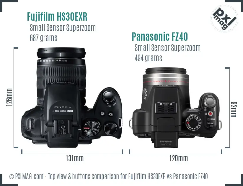 Fujifilm HS30EXR vs Panasonic FZ40 top view buttons comparison