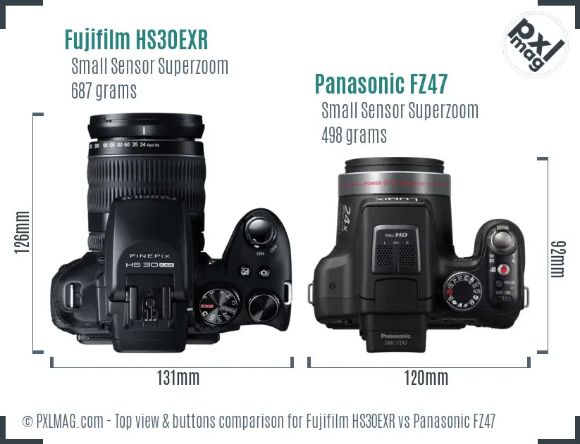 Fujifilm HS30EXR vs Panasonic FZ47 top view buttons comparison