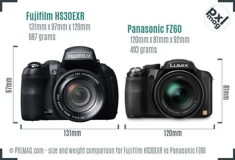 Fujifilm HS30EXR vs Panasonic FZ60 size comparison