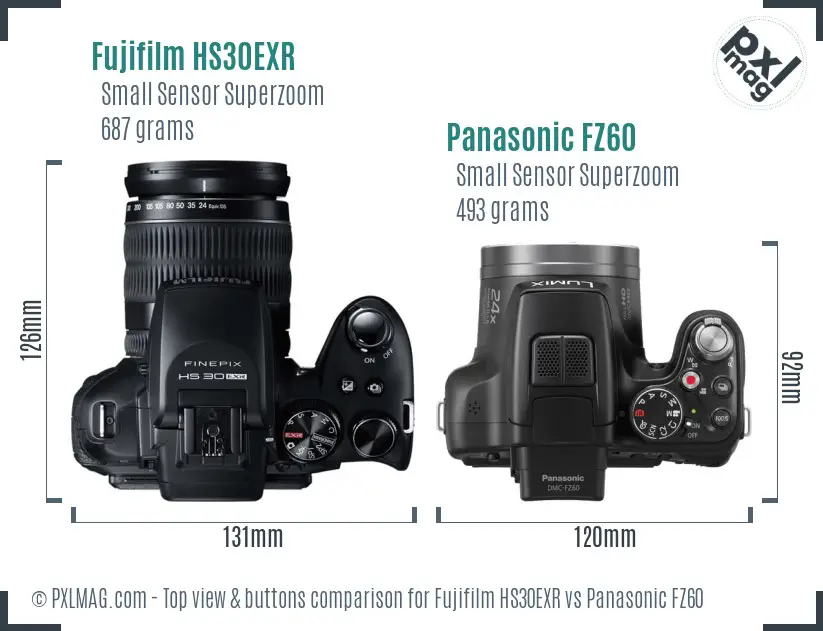 Fujifilm HS30EXR vs Panasonic FZ60 top view buttons comparison