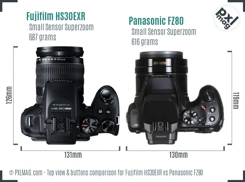 Fujifilm HS30EXR vs Panasonic FZ80 top view buttons comparison