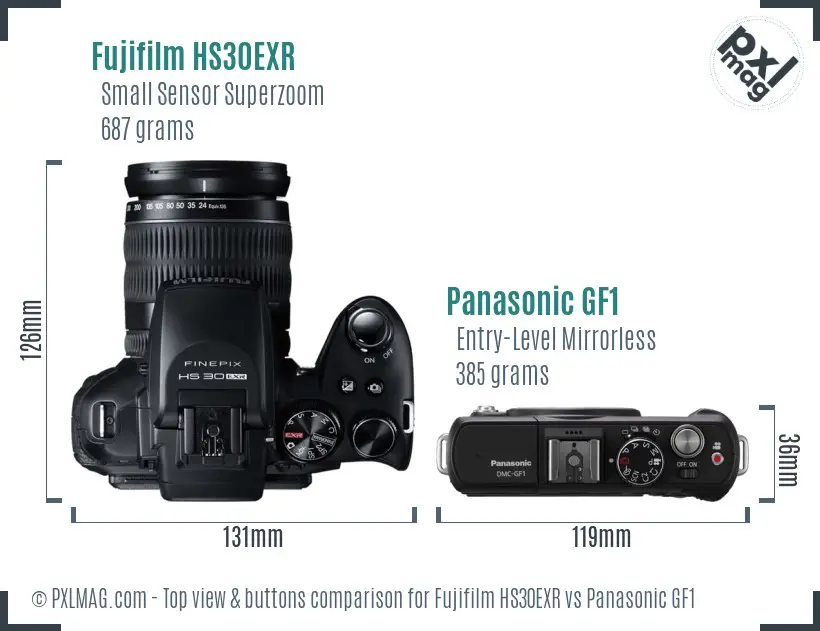 Fujifilm HS30EXR vs Panasonic GF1 top view buttons comparison