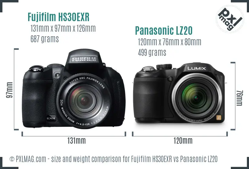 Fujifilm HS30EXR vs Panasonic LZ20 size comparison