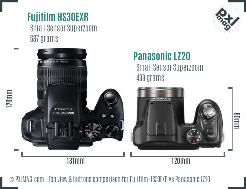 Fujifilm HS30EXR vs Panasonic LZ20 top view buttons comparison