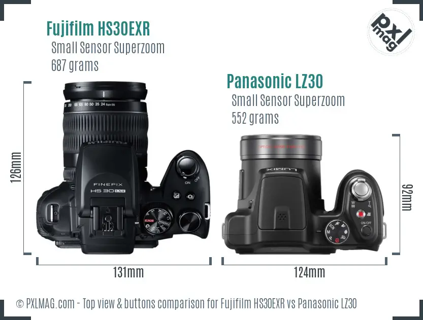 Fujifilm HS30EXR vs Panasonic LZ30 top view buttons comparison Fujifilm HS30EXR vs Panasonic LZ30 top view buttons comparison