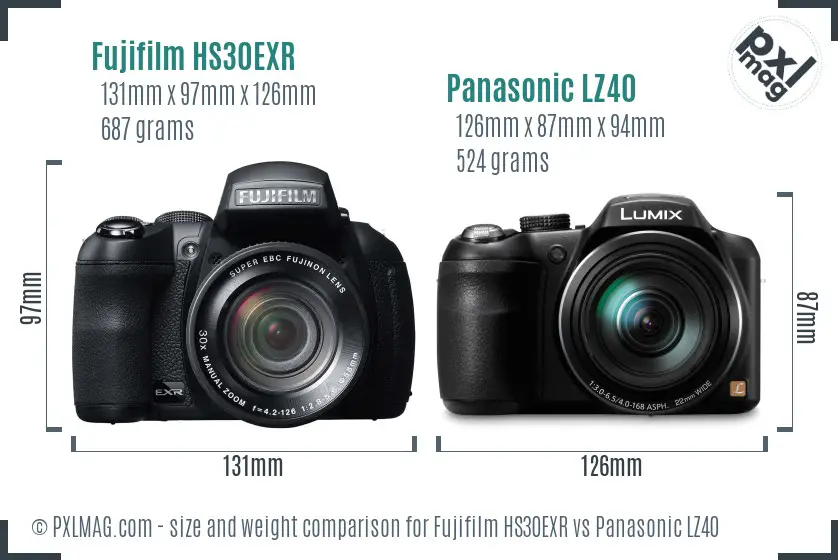 Fujifilm HS30EXR vs Panasonic LZ40 size comparison