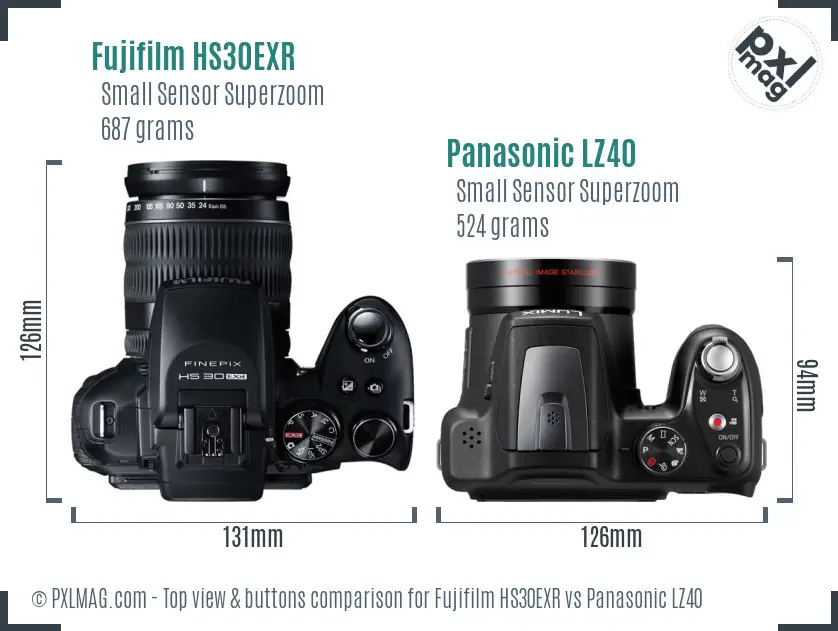 Fujifilm HS30EXR vs Panasonic LZ40 top view buttons comparison