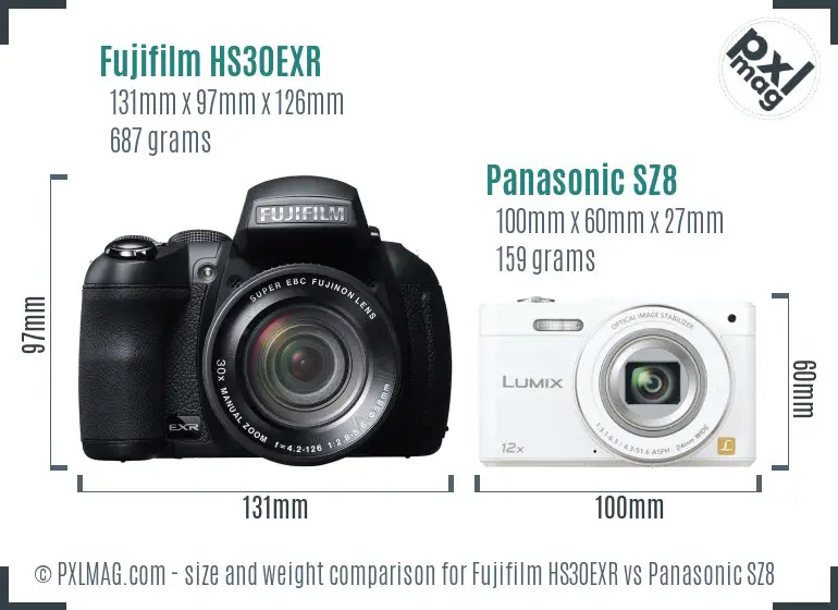 Fujifilm HS30EXR vs Panasonic SZ8 size comparison Fujifilm HS30EXR vs Panasonic SZ8 size comparison