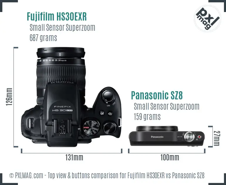 Fujifilm HS30EXR vs Panasonic SZ8 top view buttons comparison Fujifilm HS30EXR vs Panasonic SZ8 top view buttons comparison