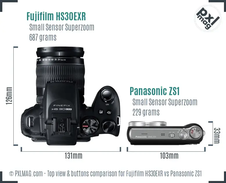 Fujifilm HS30EXR vs Panasonic ZS1 top view buttons comparison