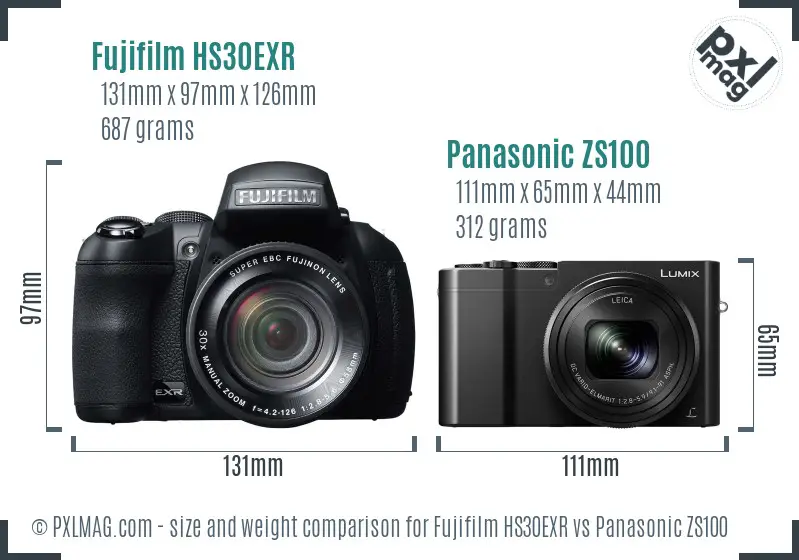 Fujifilm HS30EXR vs Panasonic ZS100 size comparison