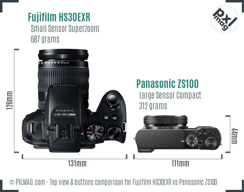 Fujifilm HS30EXR vs Panasonic ZS100 top view buttons comparison