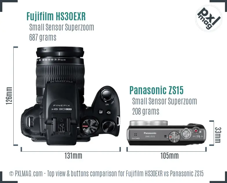 Fujifilm HS30EXR vs Panasonic ZS15 top view buttons comparison Fujifilm HS30EXR vs Panasonic ZS15 top view buttons comparison