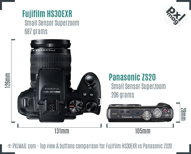 Fujifilm HS30EXR vs Panasonic ZS20 top view buttons comparison