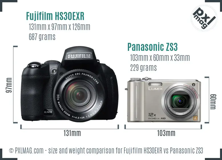 Fujifilm HS30EXR vs Panasonic ZS3 size comparison
