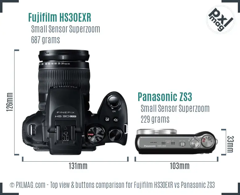 Fujifilm HS30EXR vs Panasonic ZS3 top view buttons comparison
