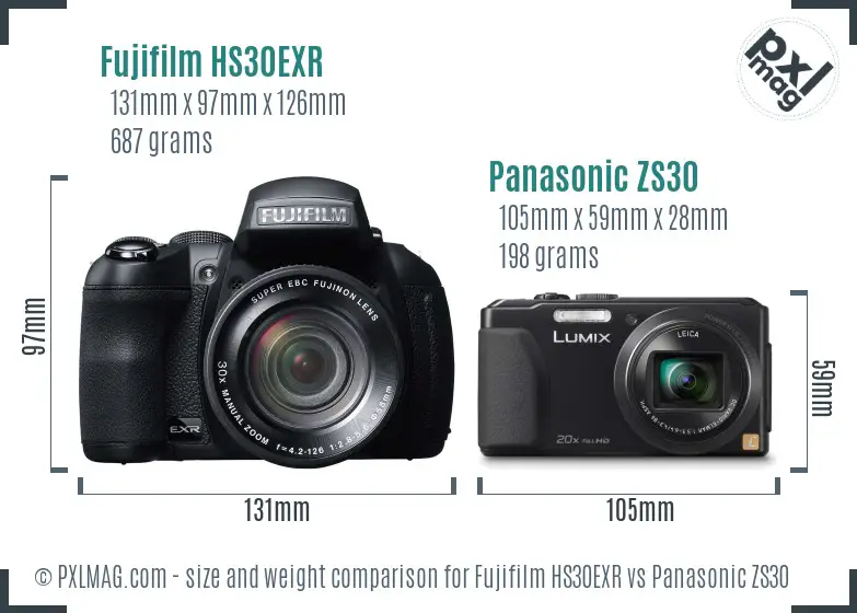 Fujifilm HS30EXR vs Panasonic ZS30 size comparison