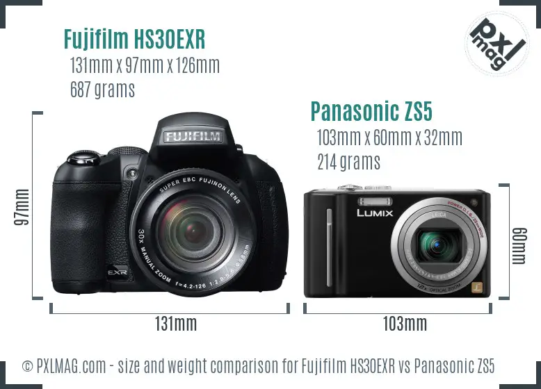 Fujifilm HS30EXR vs Panasonic ZS5 size comparison