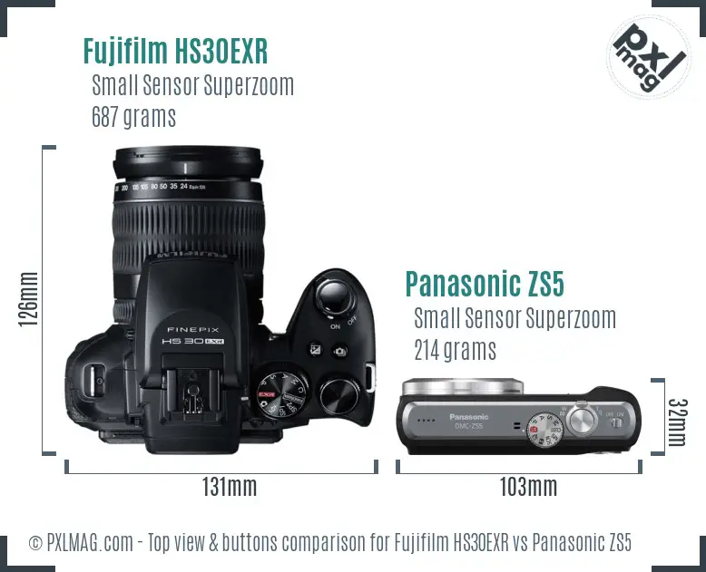 Fujifilm HS30EXR vs Panasonic ZS5 top view buttons comparison