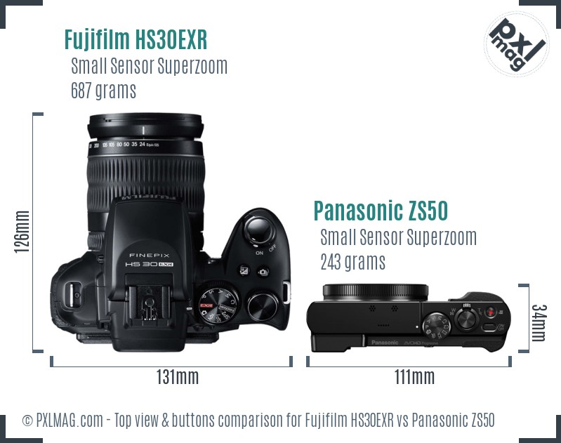 Fujifilm HS30EXR vs Panasonic ZS50 top view buttons comparison