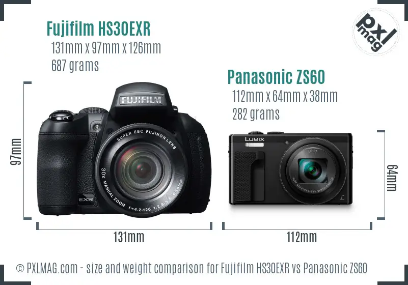 Fujifilm HS30EXR vs Panasonic ZS60 size comparison