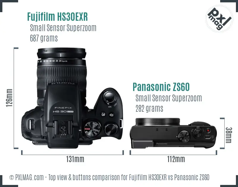 Fujifilm HS30EXR vs Panasonic ZS60 top view buttons comparison