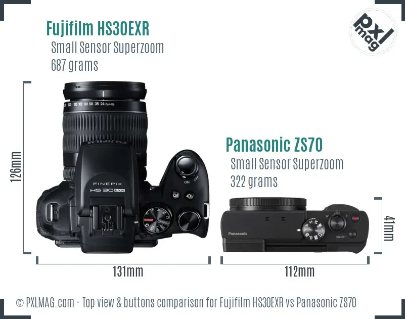 Fujifilm HS30EXR vs Panasonic ZS70 top view buttons comparison