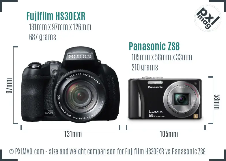Fujifilm HS30EXR vs Panasonic ZS8 size comparison