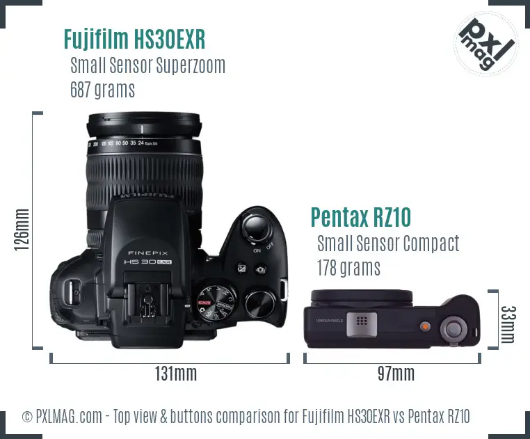 Fujifilm HS30EXR vs Pentax RZ10 top view buttons comparison