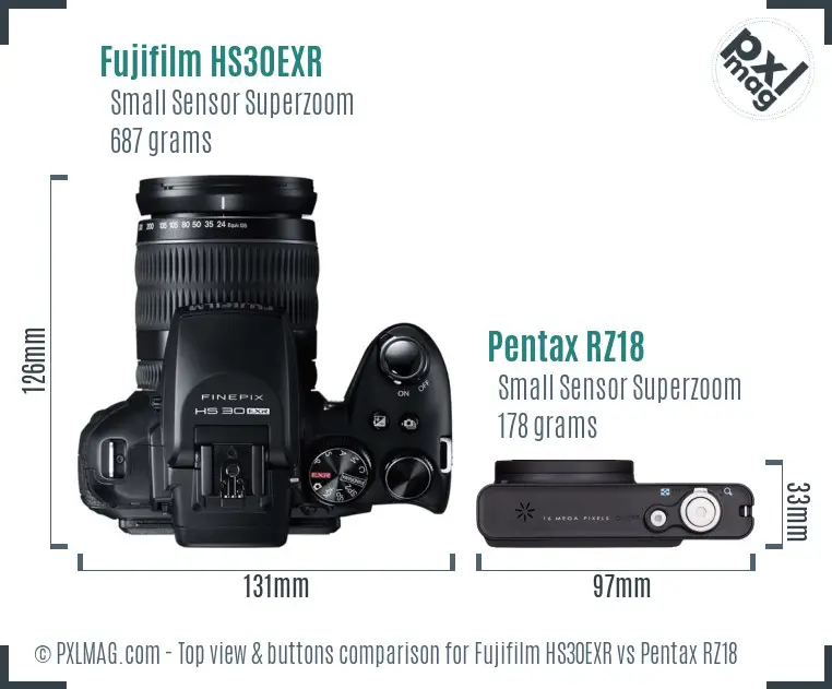 Fujifilm HS30EXR vs Pentax RZ18 top view buttons comparison