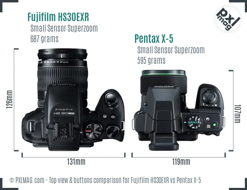 Fujifilm HS30EXR vs Pentax X-5 top view buttons comparison