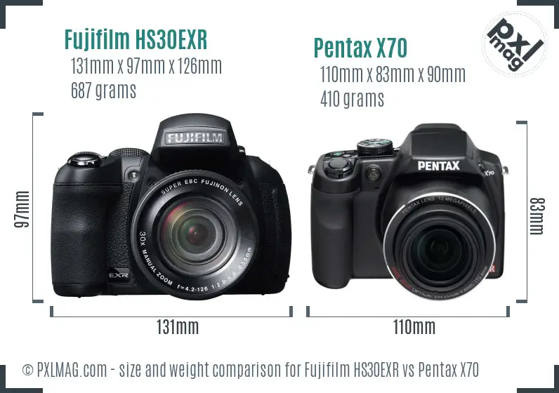 Fujifilm HS30EXR vs Pentax X70 size comparison