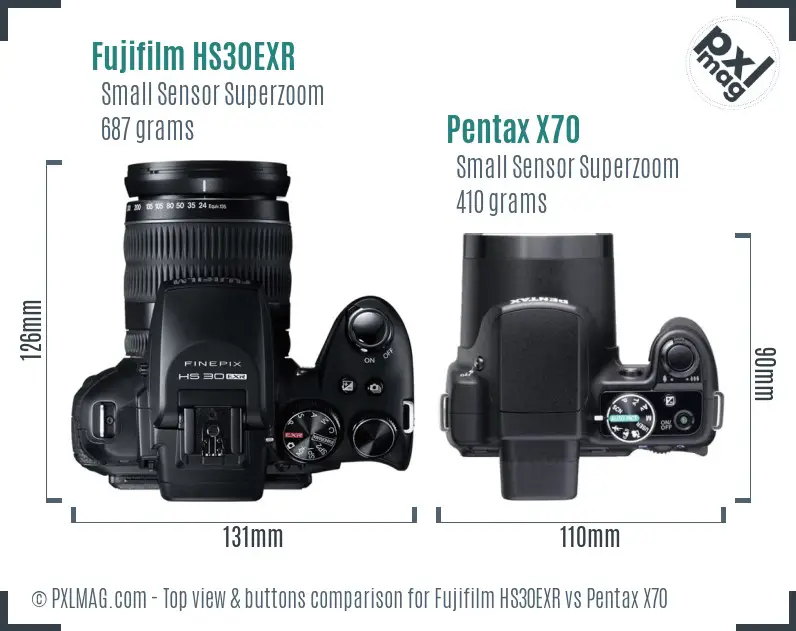 Fujifilm HS30EXR vs Pentax X70 top view buttons comparison