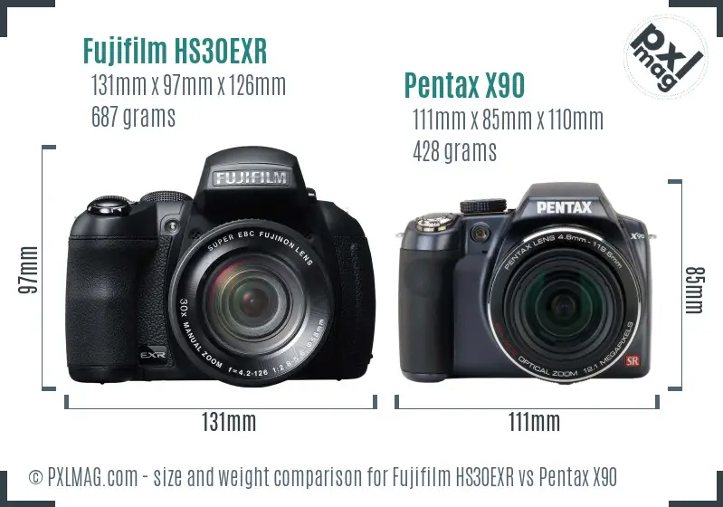 Fujifilm HS30EXR vs Pentax X90 size comparison