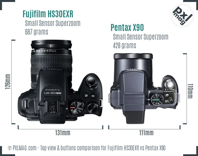 Fujifilm HS30EXR vs Pentax X90 top view buttons comparison