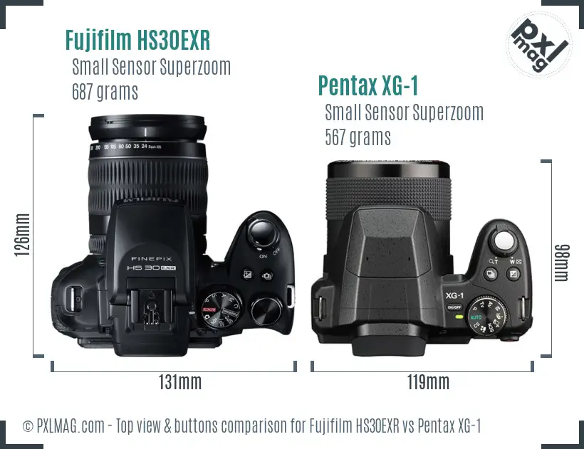 Fujifilm HS30EXR vs Pentax XG-1 top view buttons comparison