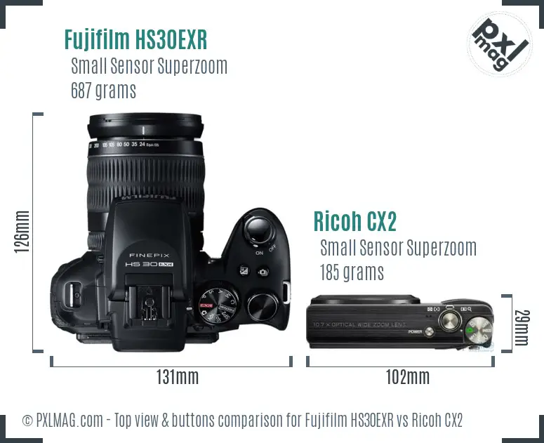 Fujifilm HS30EXR vs Ricoh CX2 top view buttons comparison